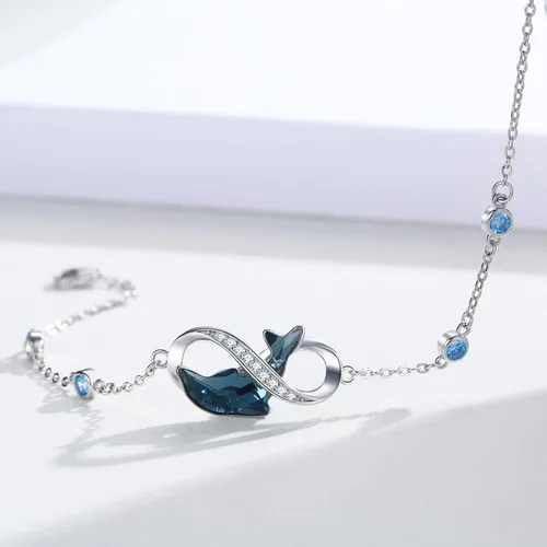 Vista 7 de Pulsera de delfín para mujer, de plata de ley, tobilleras de delfín, impermeables, hipoalergénicas, dijes de cristal, regalo único de Navidad