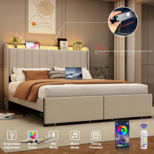 Vista 3 de Base de cama tamaño matrimonial con cabecera de almacenamiento y 2 cajones, base de cama tapizada con luces LED y práctica estación de carga,