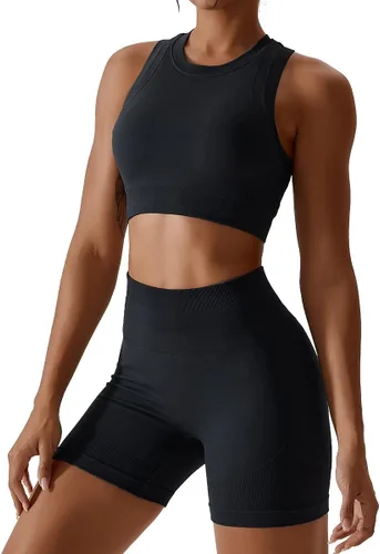Vista 96 de Conjuntos de entrenamiento para mujer, 2 piezas, sin costuras, acanalada, sin mangas, brasier deportivo, cintura alta, pantalones cortos