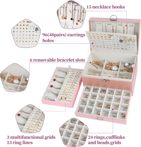 Vista 2 de BOOVO Joyero de pendientes para mujeres y niñas, organizador de joyas de 5 capas con candado, organizador de aretes, collar y anillos, caja