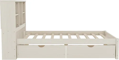 Vista 6 de SOFTSEA Twin Size Kids Bed Frame with Storage Drawers, Wood Platform Bed with Storage Headboard and Charging Station, No Box Spring Needed, Cream