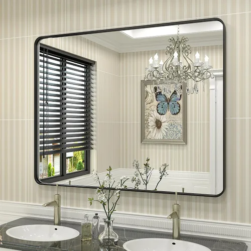 Vista 75 de Paquete de 2 espejos de baño con marco de metal negro de 22 x 30 pulgadas, espejo rectangular redondeado negro mate, antioxidante, se cuelga