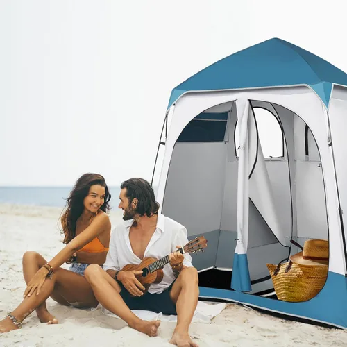 Vista 9 de Tienda de campaña desplegable para ducha de 2 habitaciones, 7.5 pies, tienda de campaña para vestuario con suelo y bolsa de transporte, toldo
