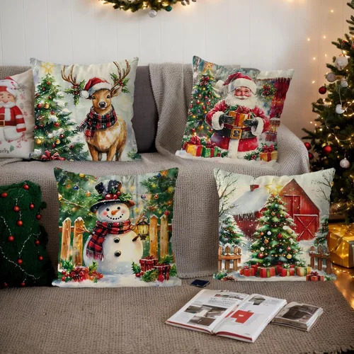 Vista 5 de Juego de 4 fundas de almohada de Navidad, muñeco de nieve, Papá Noel, Derr, decoración de Navidad, para el hogar, sofá, sala de estar, funda