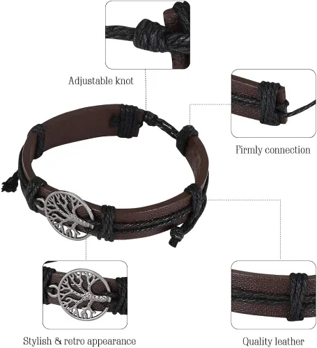 Vista 3 de Pulsera de cuero del árbol de la vida, 6 pulseras de cuero trenzado étnico tribal, pulseras ajustables para hombres y mujeres, Cuero