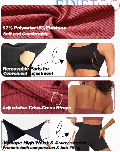 Vista 9 de Conjuntos de entrenamiento para mujer, 4 piezas, sin costuras, brasier deportivo de cintura alta, pantalones cortos para yoga, gimnasio, conjunto