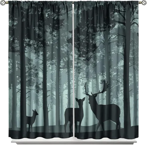 Vista 17 de Cortinas opacas con diseño de ciervos, bosque brumoso, rústico, vida silvestre, alce, montaña, pájaros, pino, bosque, cortinas de ventana
