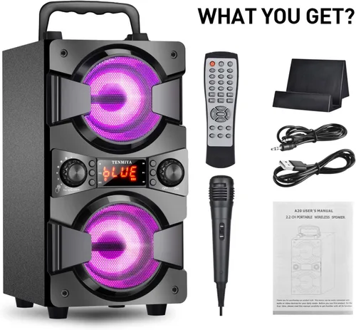 Vista 8 de Altavoces Bluetooth de 60 W, altavoz inalámbrico portátil con subwoofer doble, graves pesados, radio FM, micrófono, luces, ecualizador remoto, caja