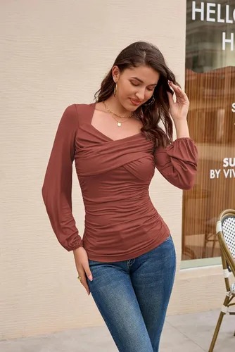 Vista 4 de GRACE KARIN Blusa fruncida elegante para mujer, cuello en V, manga larga, ajustada