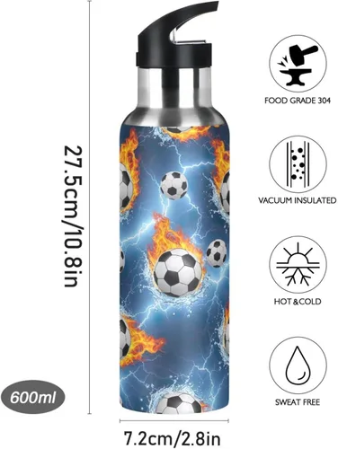 Vista 9 de Stainless Steel Vacuum Insulated Water Bottle 20 Oz, Leakproof Water Bottles for Gym Outdoor Travel School, Soccer Balls Water Flames