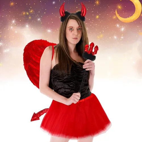 Vista 5 de Xtinmee Disfraces de ángel y diablo de Halloween para mujer, incluye diadema, falda tutú, alas, gemas y cuernos de diablo, pajarita en la cola