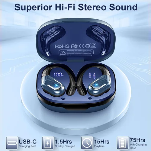 Vista 3 de Auriculares inalámbricos, auriculares deportivos Bluetooth 5.4 2025, nuevos auriculares Bluetooth con 75 horas de estéreo, 4 micrófonos ENC