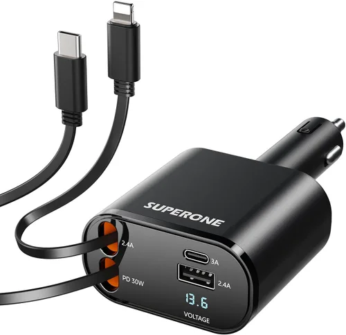 Vista 11 de SUPERONE Cargador retráctil para automóvil, pequeño cargador de automóvil para iPhone, cargador de teléfono para automóvil con USB C y cable Apple