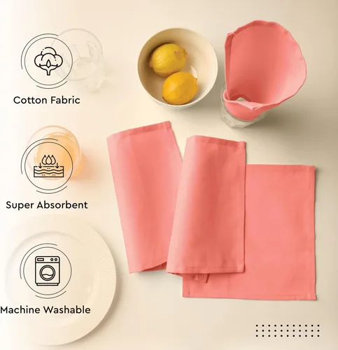 Vista 4 de Encasa XO Juego de 12 servilletas de tela de cóctel Servilletas de mesa de algodón puro Tamaño (9 x 9 pulgadas) Coral Solid Lavable a máquina