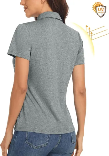 Vista 4 de Polu Polo de golf para mujer, absorbe la humedad, manga corta, casual, cuello 4 botones