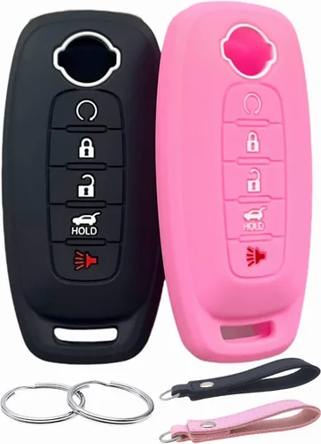 Vista 5 de REPROTECTING Funda de goma de silicona para llavero compatible con Nissan Pathfinder Rogue (5 botones, rosa rosa)