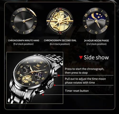 Vista 4 de OLEVS Relojes para hombre, resistente al agua, de lujo, gran cara, reloj analógico de cuarzo de acero inoxidable, relojes de vestir analógicos