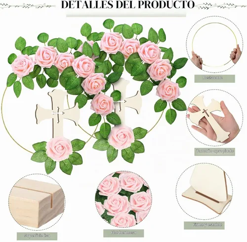 Vista 3 de LEIFIDE - 40 centros de mesa de bautismo de comunión con aro dorado y cruz Rosa