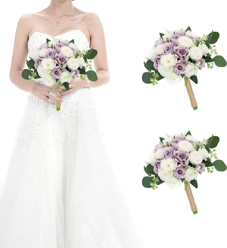 Vista 10 de Ramos para dama de honor para boda - Ramo de flores artificiales de 7 pulgadas para fiesta, ceremonia, aniversario, centros de mesa para mesa de Azul