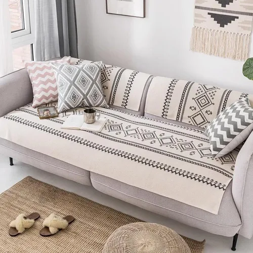 Vista 3 de vctops Funda de sofá de lino y algodón con estampado geométrico bohemio, lavable, resistente a las manchas, protector de muebles para niños, perros