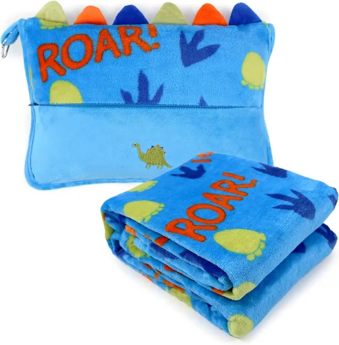 Vista 10 de Juego de almohada y cobija de viaje 3 en 1 para niños - 102x152cm, almohada de felpa con calentador de manos, cobija con diseño de dinosaurio