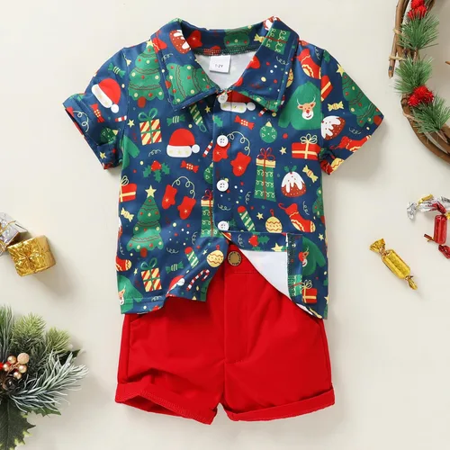Vista 7 de JEELLIGULAR Conjunto de pantalones cortos y camisa con botones y estampado de Papá Noel para niños pequeños