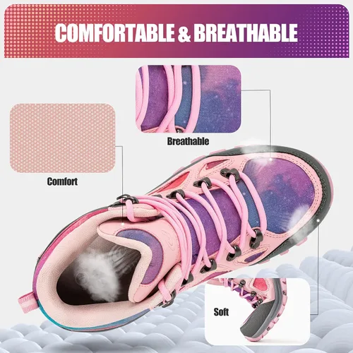 Vista 4 de R CORD Botas de senderismo para niños, botas de nieve para niñas, botas de senderismo de invierno para niñas, botas de invierno resistentes