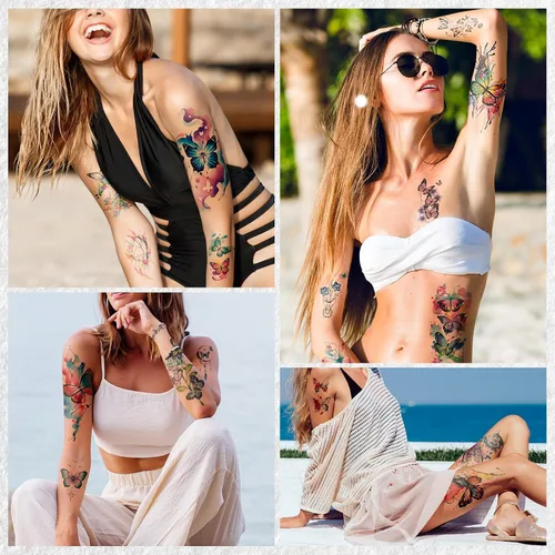 Vista 6 de Cerlaza 79 hojas de tatuajes de mariposa 3D temporales realistas para mujeres adultas, tatuajes falsos de acuarela, calcomanías temporales