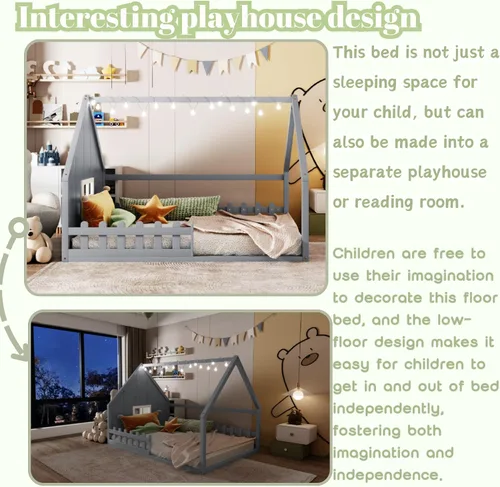 Vista 4 de Bellemave Cama de casa tamaño matrimonial, cama de piso de madera para niños, cama Montessori con barandillas y listones para niños y niñas, altura
