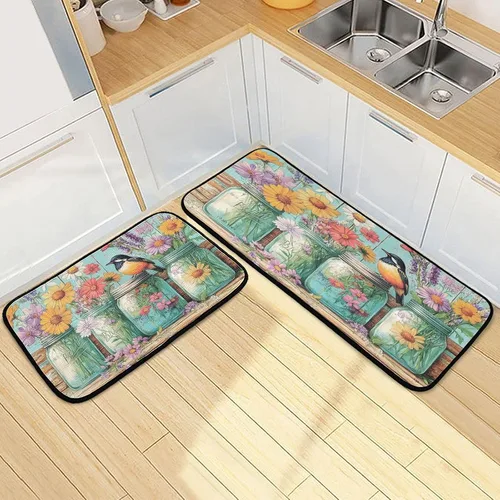 Vista 11 de Juego de 2 tapetes de cocina con rosas rojas, color rojo rosa, suave, antifatiga, juego de tapetes de cocina color negro con flores antideslizantes