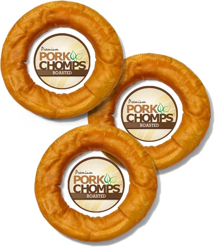 Vista 11 de Pork Chomps Masticas de piel de cerdo horneada para perros, 6 pulgadas de bagel, 1 unidad (paquete de 3)