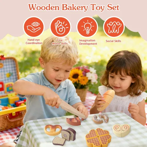 Vista 4 de Juguetes de madera para niños pequeños, juego de corte para hornear para niños, juego de simulación de panadería de cocina para niños, regalo