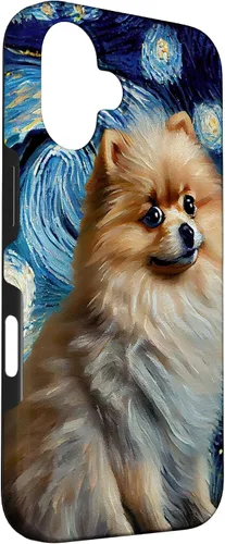Vista 3 de iPhone 16 Starry Night Famous Painting Style Pomeranian Case