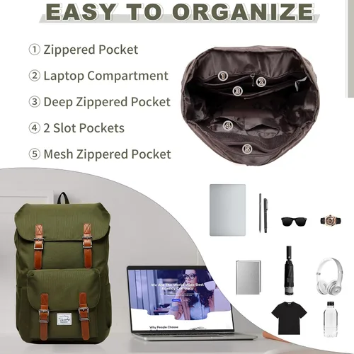 Vista 5 de Chase Chic Mochila para hombres y mujeres, mochila vintage unisex casual para viajes, universidad, trabajo, Verde, Classic