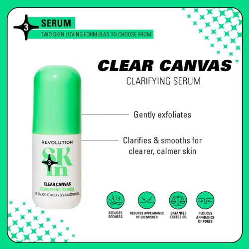 Vista 2 de Revolution Skin, Clear Canvas - Suero facial aclarante de 5% niacinamida y 2% ácido salicílico, ayuda a un tono uniforme de la piel, vegano y libre