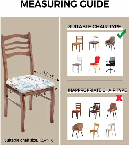 Vista 3 de Juego de 4 fundas de asiento de playa de verano verde azulado para sillas de comedor, fundas elásticas para sillas de cocina, conchas marinas