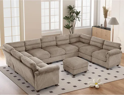 Vista 89 de HAOMARKETS Sofá esquinero modular en forma de L de 115 pulgadas con 2 otomanas móviles, sofás de pana de 8 plazas con cojín grueso para sala de Beige