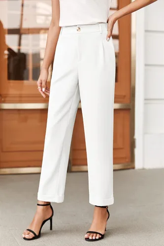 Vista 5 de Febriajuce Pantalones de vestir de cintura alta elástica para mujer, pantalones de trabajo plisados con botones, pantalones de trabajo de pierna