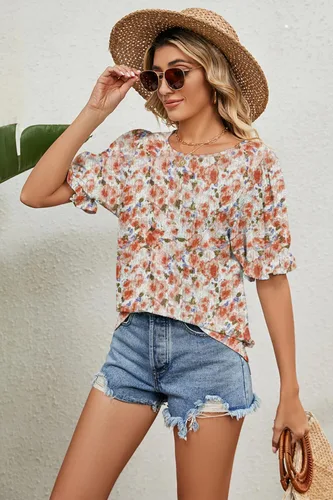 Vista 2 de Zeagoo Blusas para mujer, elegantes, informales, de primavera, con estampado floral, cuello redondo, manga corta abombada