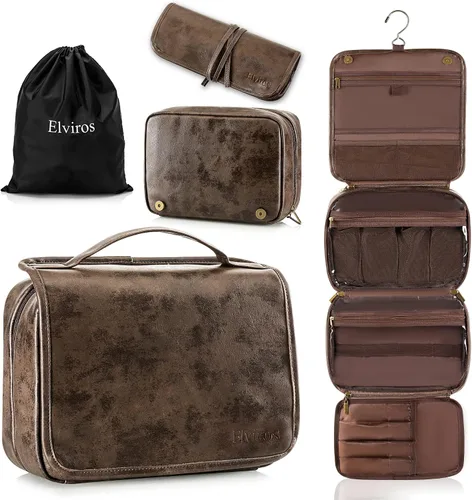 Vista 11 de Elviros Neceser colgante para hombres y mujeres, 3 en 1, organizador de viaje grande impermeable de piel sintética, bolsa de maquillaje dopp kit