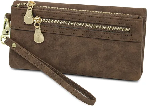 Vista 2 de Cartera de cuero vegano para mujer cartera larga plegable para mujer con bolsillo con cremallera Café
