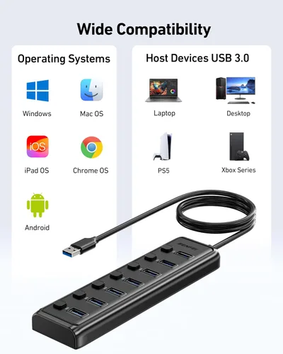 Vista 6 de BENFEI Hub USB 3.0 de 7 puertos, divisor USB portátil ultrafino con cable de 3.3 pies, compatible con MacBook Pro/Air, Mac Pro, Mac Mini, iMac