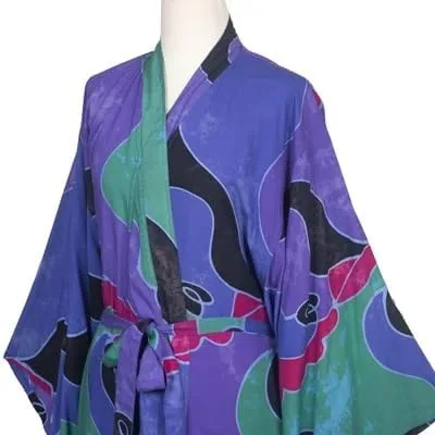 Vista 6 de NOVICA Purple Batik - Bata larga para mujer, turquesa océano (talla única), Púrpura, multicolor