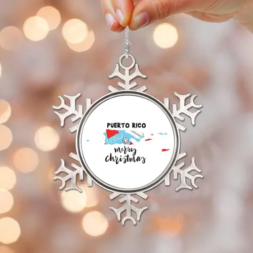 Vista 9 de Adorno de metal con texto en inglés «Merry Christmas» de Puerto Rico, recuerdo de recuerdo para árbol de Navidad, colgante de copo de nieve