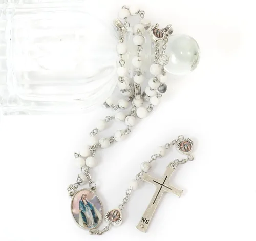 Vista 6 de Nazareth Store Cuentas de piedra natural con corazón de epoxi milagroso, cuentas de metal, collar de rosario, regalos cristianos de piedras preciosas