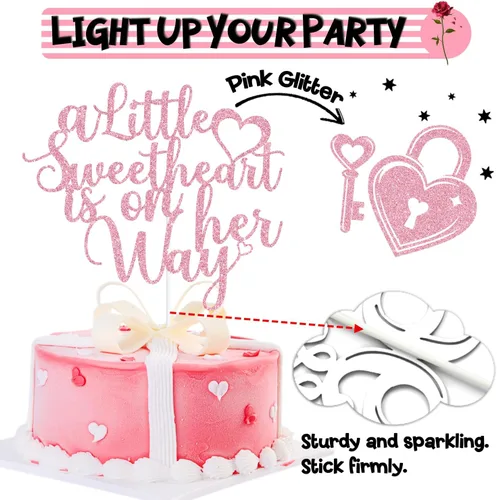 Vista 6 de Decoración para tartas "A Little Sweetheart is on Her Way" con purpurina rosa, nuestra pequeña novia, Oh Baby/Sweet Baby Girl, Día de San Valentín
