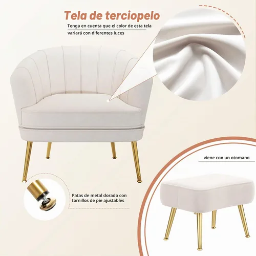 Vista 7 de Andeworld Silla decorativa de terciopelo con otomana, sillón de barril Beige