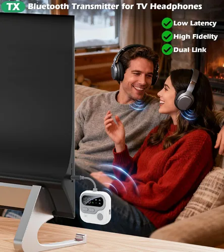 Vista 3 de KAIY Transmisor Bluetooth de avión para TV, receptor de audio inalámbrico 2 en 1 con pantalla y perilla de volumen, adaptador de conector auxiliar