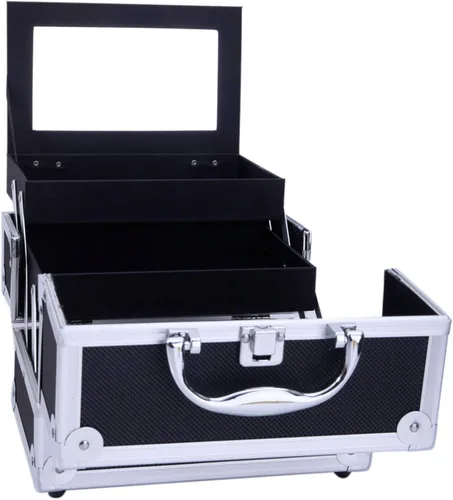 Vista 4 de Caja de maquillaje Estuche de tren de gran capacidad de almacenamiento portátil organizador de cosméticos de viaje con compartimentos y bandejas