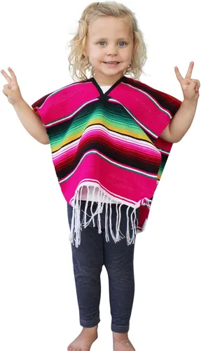 Vista 5 de Del Mex Poncho de Serape Mexicano para Niños y Niñas, Disfraz para Edades 2-14 Negro